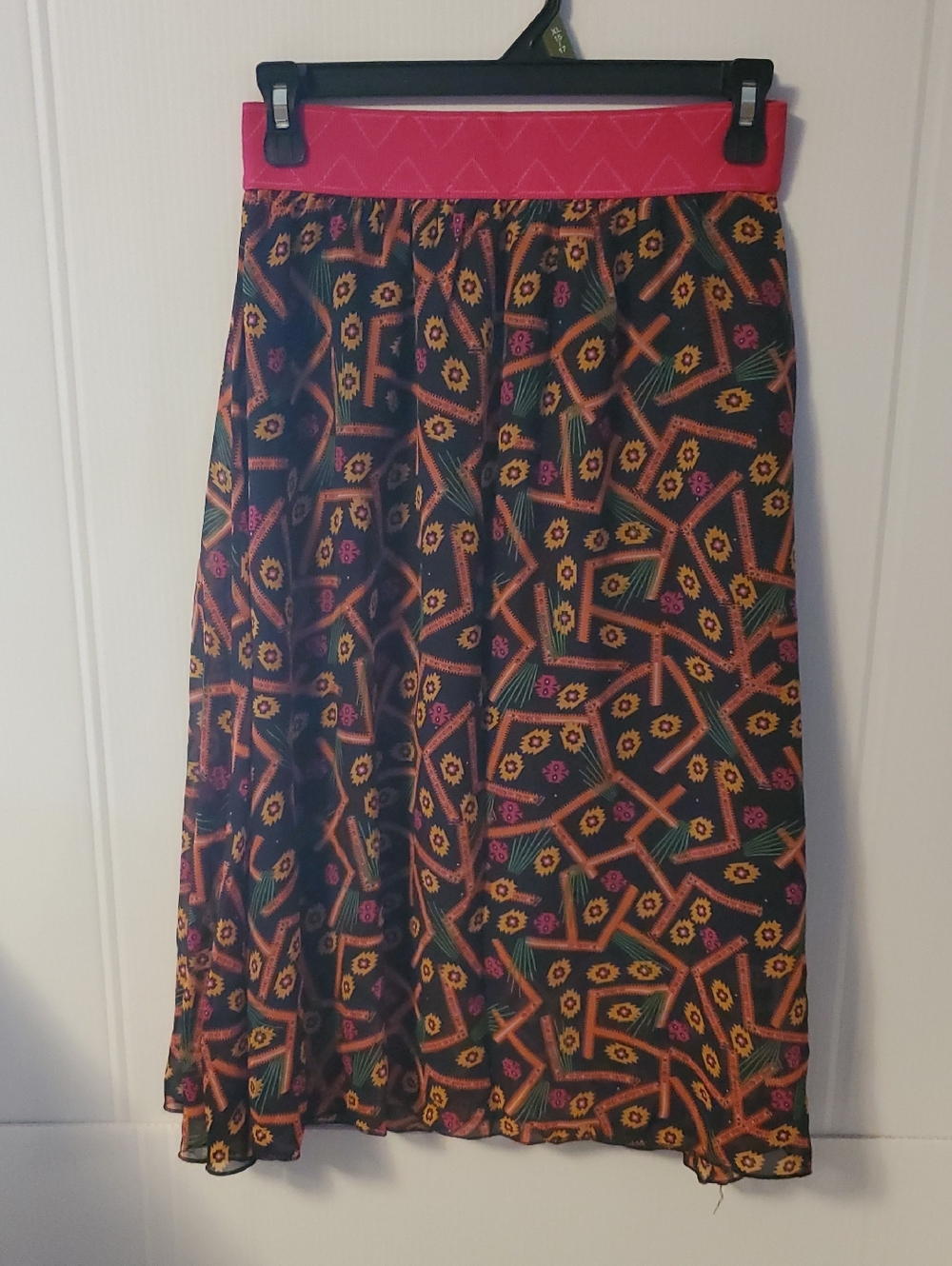 Luluroe Lola Women's Black Floral Geometric Midi Skirt with Pink Waistband